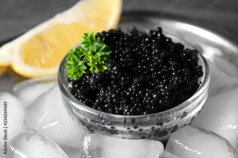 Caviale Beluga 7 Bowl with delicious black caviar and ice-cubes, closeup